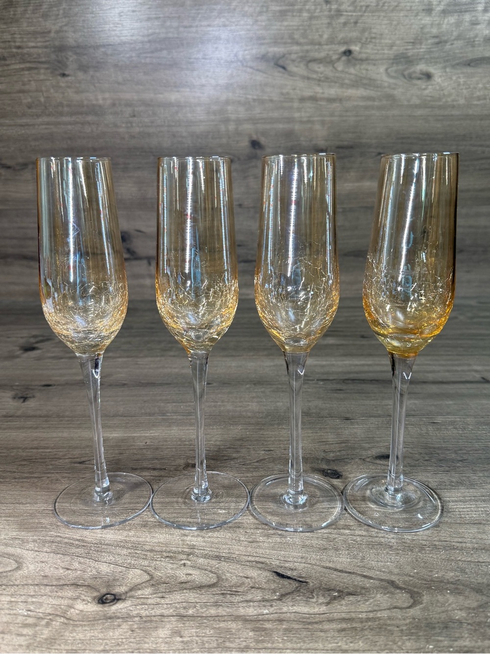 (4) Pier 1 Amber Crackle (Golden Luster) fluted champagne glasses